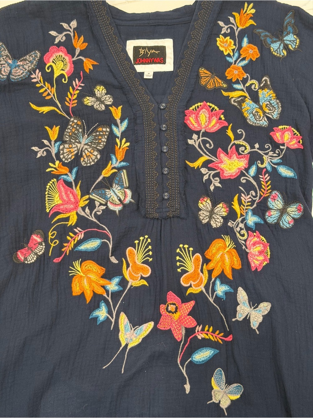 Johnny Was Biya Navy Embroidered Butterfly Floral Tunic Dress Medium - Picture 8 of 13